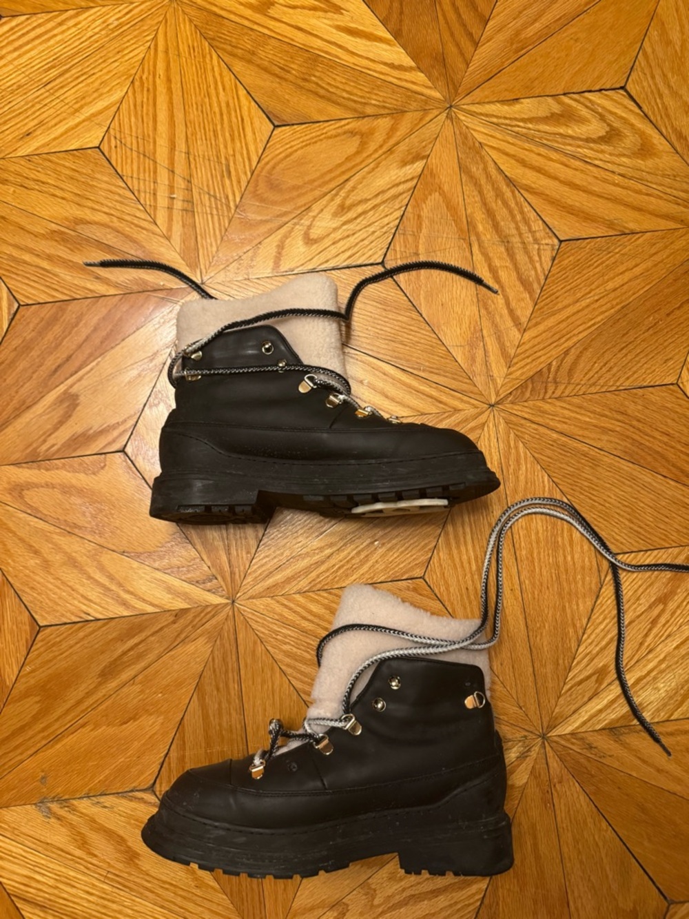 Chanel Black and Shearling-Trim Lace-Up Winter Snow Boots - Picture 2 of 16